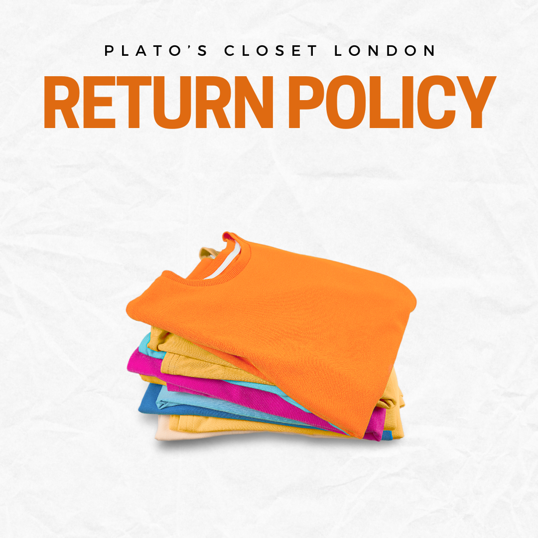 Clothing folded and stocked in a pile with text over image saying 